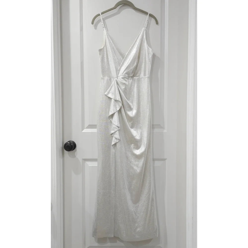 ELIZA J Ivory Shimmer Draped Maxi Dress with Ruffle Slit – Glam Occasion 6P - Picture 2 of 14